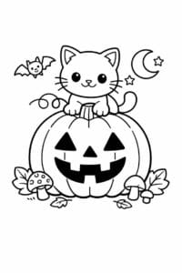 tegning af græskar med kat ovenpå – cute cartoon