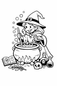 tegning af heks brygger trylledrik – storybook style