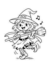 tegning af heks danser med kost – playful cartoon