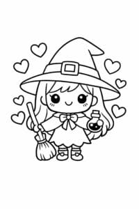 tegning af heks med hjerter omkring sig – cute kawaii