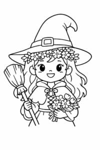 tegning af heks med blomsterkrans – cottagecore