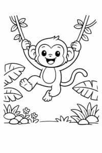 tegning af abe svinger sig i lianer i junglen – cute cartoon