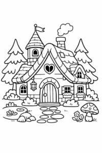 tegning af eventyrhus i skoven – storybook style