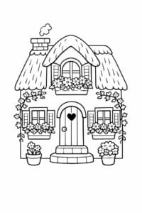 tegning af hus med blomster i vinduer – cottagecore