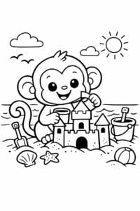 tegning af abe bygger sandslot på stranden – cute cartoon