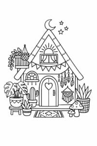 tegning af boho hus med planter – boho illustration