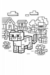 tegning af Minecraft kat i landsby – Minecraft style