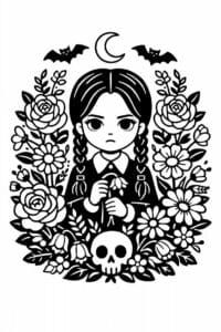 tegning af Wednesday med blomster (kontrast) – dark cottagecore