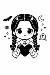 tegning af Wednesday med sort hjerte – cute gothic