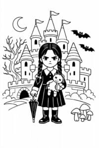 tegning af Wednesday i eventyrslot – storybook style