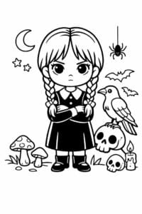 tegning af Wednesday med ravn – fantasy illustration