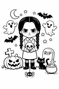 tegning af Wednesday i Halloween-stemning – spooky cartoon