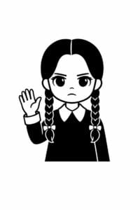 tegning af Wednesday vinker uden smil – simple gothic