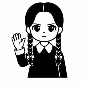 tegning af Wednesday vinker uden smil - simple gothic