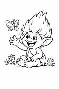 tegning af trold leger med sommerfugl – friendly cartoon