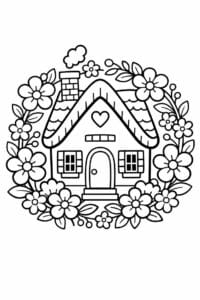 tegning af hus med blomsterkrans – decorative cartoon