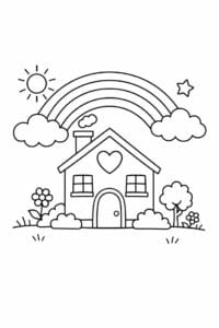 tegning af hus med regnbue – pastel aesthetic