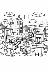 tegning af Minecraft landsby scene – Minecraft style