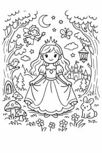 tegning af prinsesse i magisk skov – whimsical fantasy