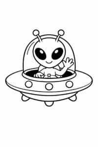 tegning af alien der flyver i UFO – simple cartoon