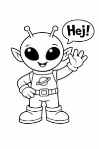 tegning af venlig alien der siger hej – line art