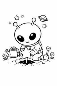 tegning af alien der planter en stjerne – whimsical illustration