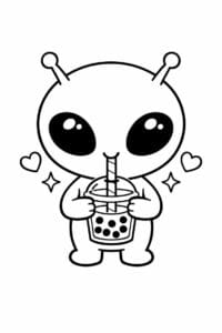 tegning af alien der drikker bubble tea – cute kawaii