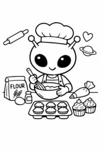tegning af alien der bager cupcakes – cute illustration
