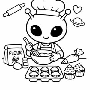 tegning af alien der bager cupcakes - cute illustration
