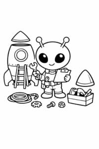 tegning af alien der bygger en raket – kids cartoon