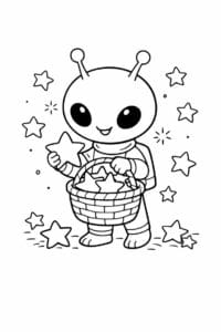 tegning af alien der samler stjerner i en kurv – storybook style