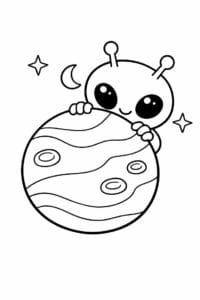 tegning af alien der gemmer sig bag en planet – cute cartoon