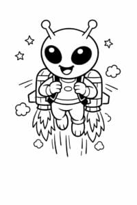 tegning af alien der flyver med jetpack – cartoon illustration