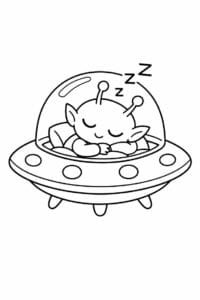 tegning af alien der sover i en UFO – soft pastel