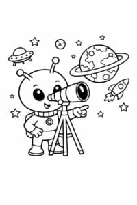 tegning af alien der opdager en ny planet – kids illustration