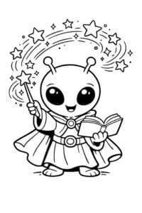tegning af alien der laver magi med stjerner – fantasy cartoon