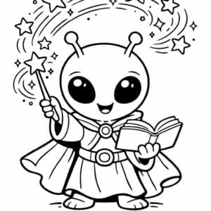 tegning af alien der laver magi med stjerner - fantasy cartoon