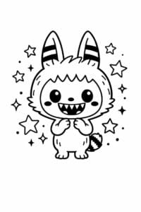 tegning af Labubu med stjerner omkring sig – cute kawaii