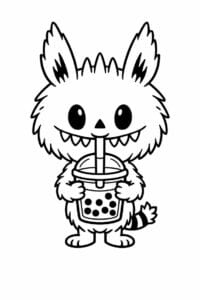 tegning af Labubu der drikker bubble tea – cartoon