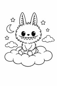 tegning af Labubu der sidder på en sky – dreamy illustration