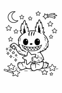 tegning af Labubu der leger med stjerner – storybook style