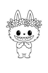tegning af Labubu med blomsterkrans – soft pastel