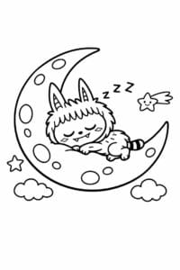 tegning af Labubu der sover på en måne – cute illustration