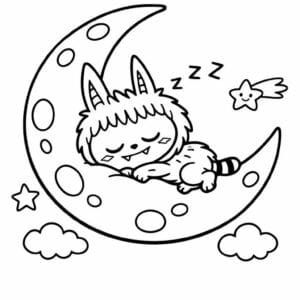 tegning af Labubu der sover på en måne - cute illustration