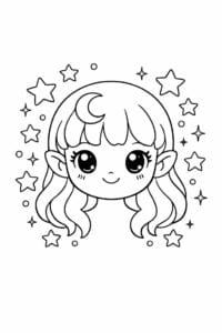 tegning af ansigt med stjerner omkring – fantasy cute