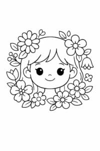 tegning af ansigt med blomster omkring – soft illustration