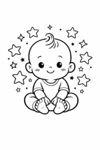 tegning af baby med stjerner omkring – storybook style