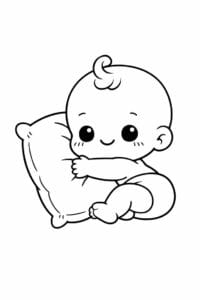 tegning af baby der krammer en pude – kawaii