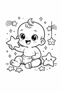 tegning af baby der leger med stjerner – fantasy cute