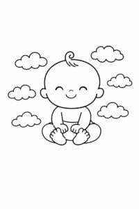 tegning af baby med små skyer omkring – pastel illustration